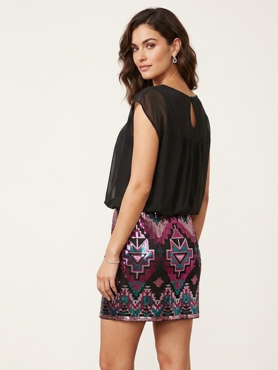 As U Wish Dresses & Skirts - As U Wish Black Chiffon Top with Pink and Teal Sequin Aztec Mini Skirt